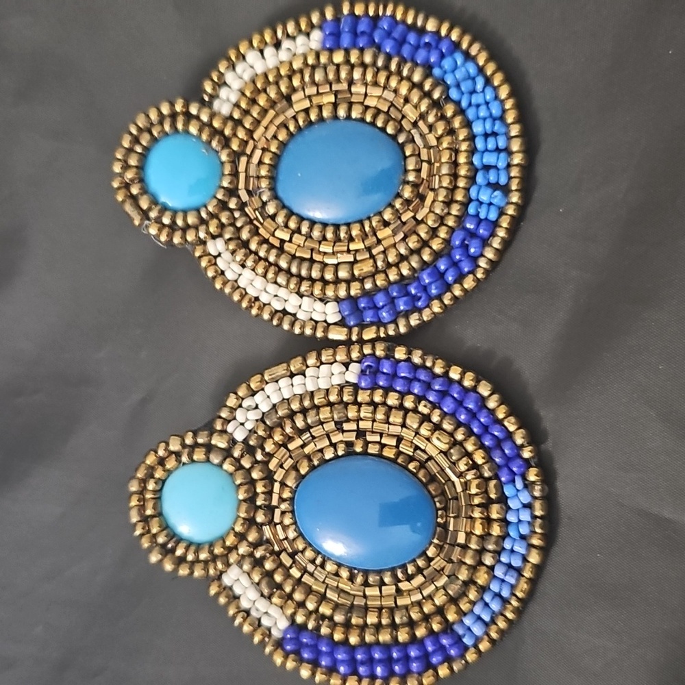 Beaded Blue and Gold Clutch With Matching Earring and Cuff - Picture 3 of 9